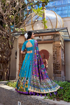 Lorenvalley Firozi Tussar Silk Kalamkari With Foil Work Lehenga Choli