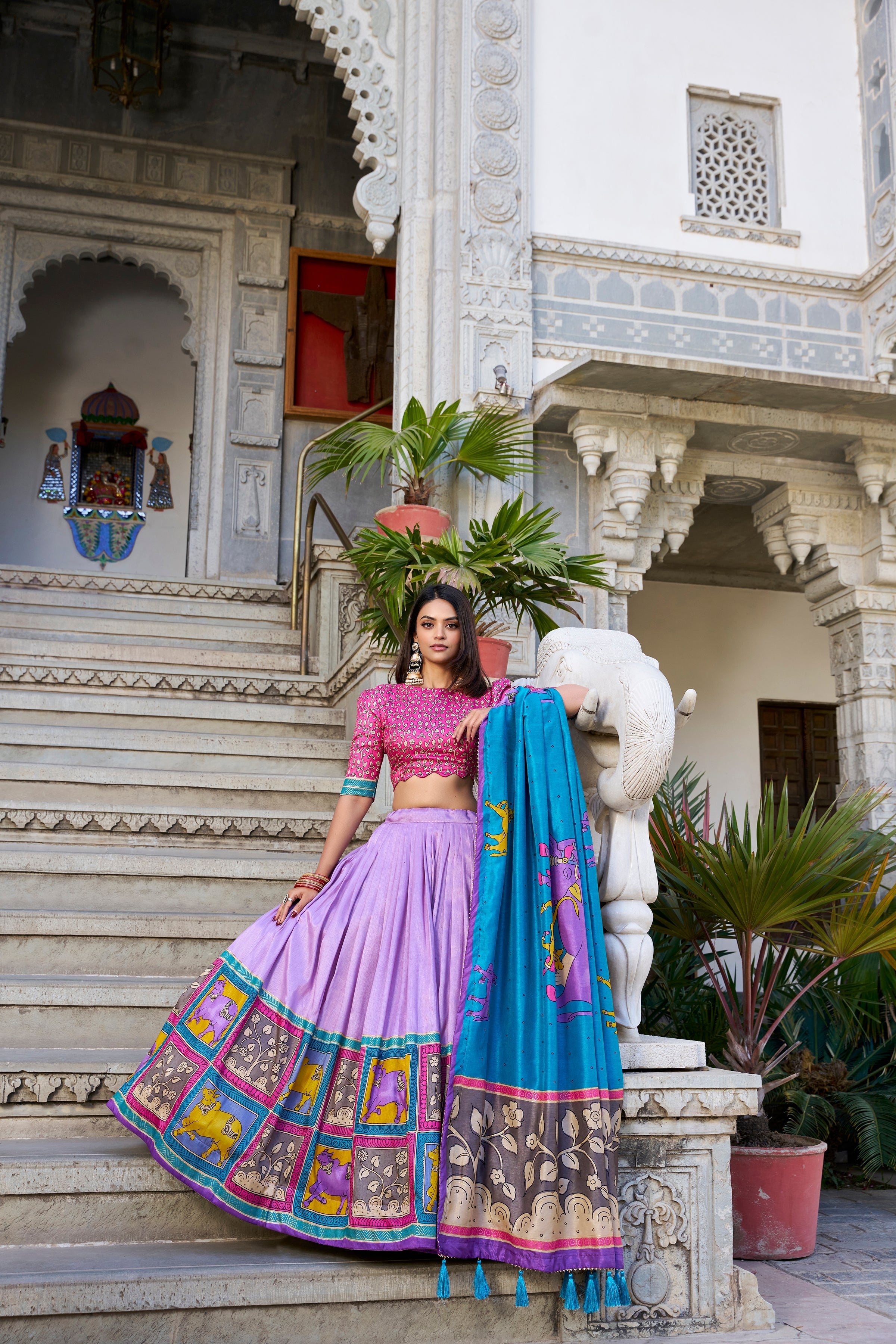 Lorenvalley Lavender Tussar Silk Kalamkari With Foil Work Lehenga Choli with Dupatta