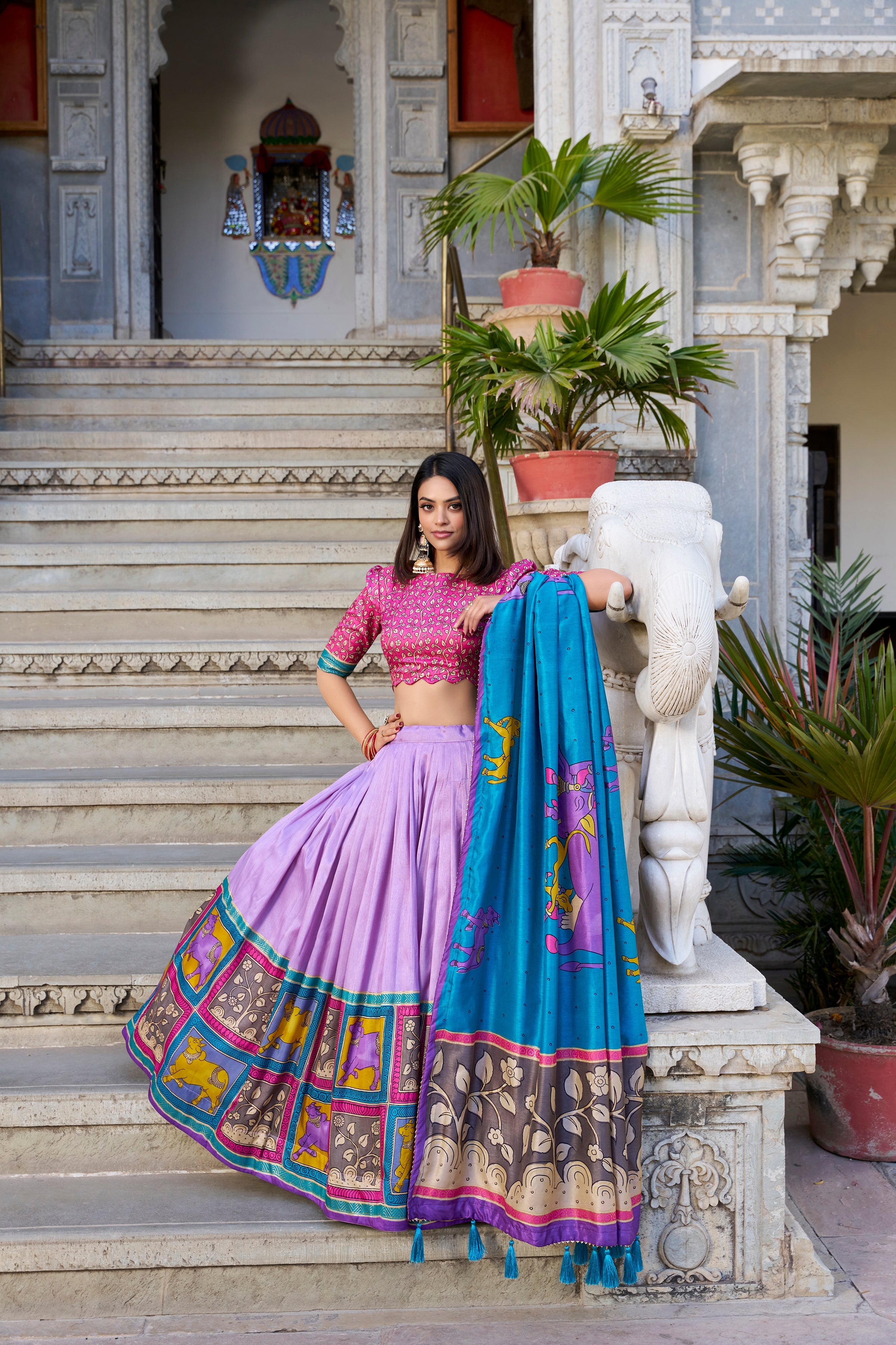 Lorenvalley Lavender Tussar Silk Kalamkari With Foil Work Lehenga Choli with Dupatta
