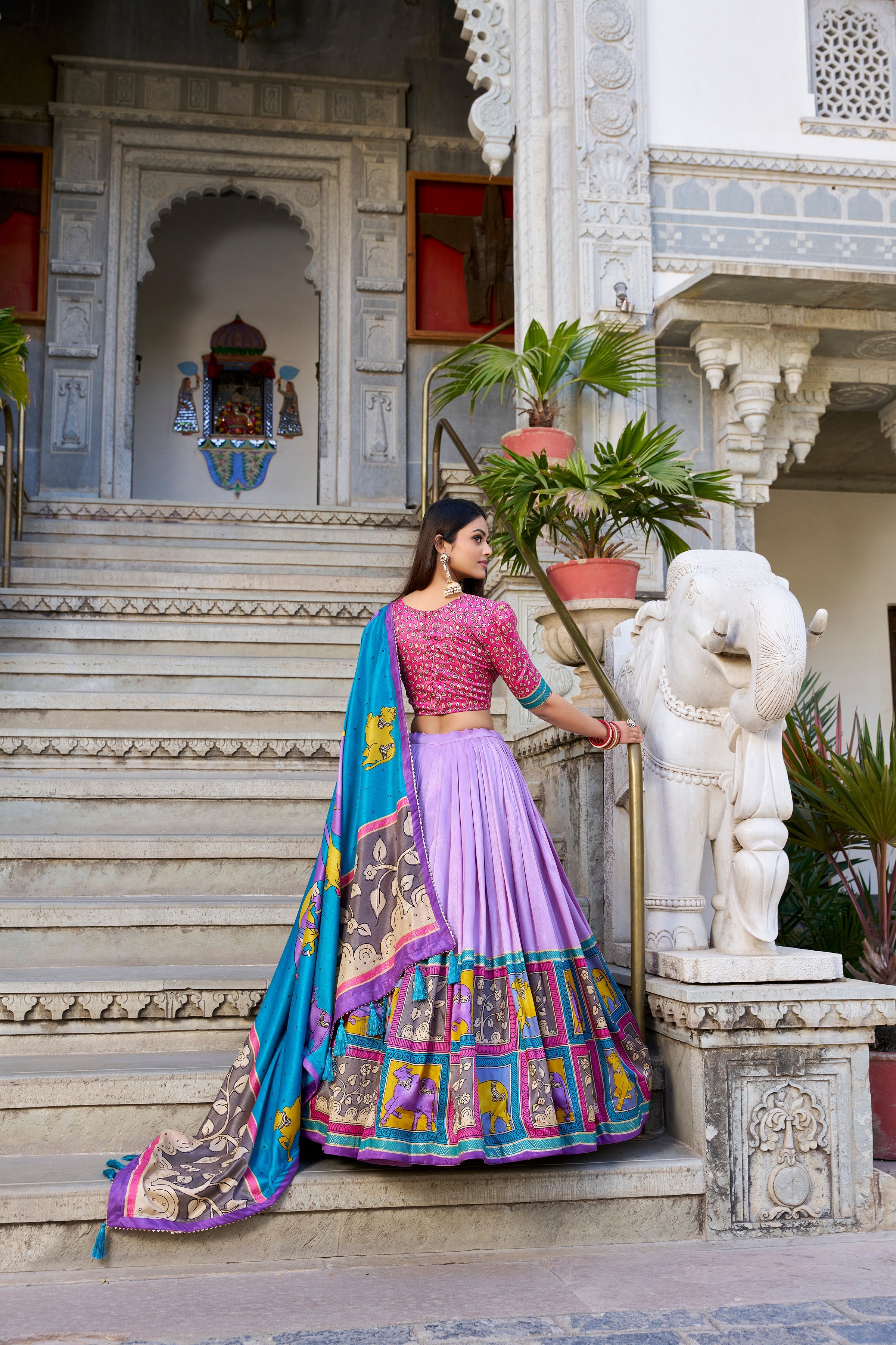 Lorenvalley Lavender Tussar Silk Kalamkari With Foil Work Lehenga Choli with Dupatta