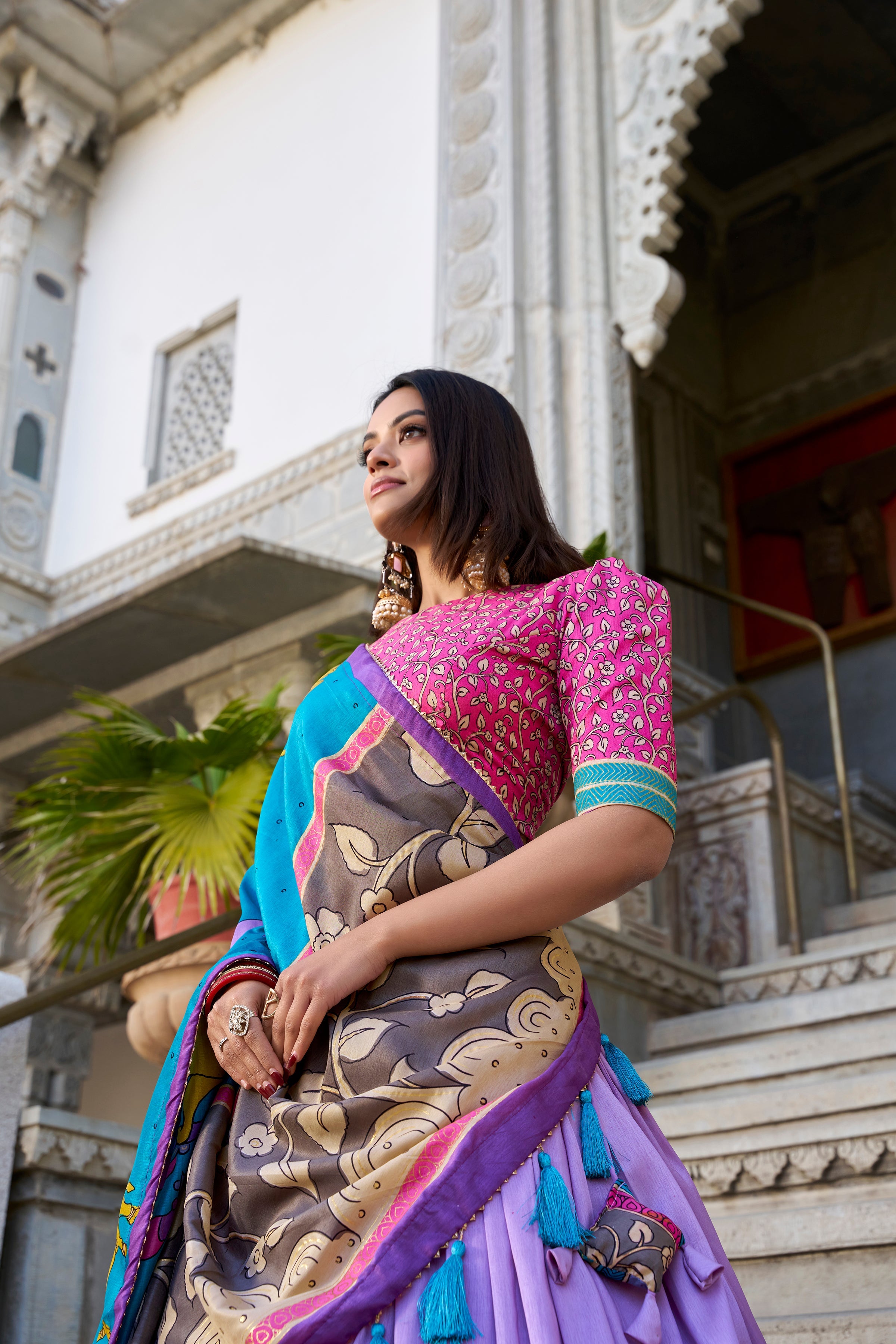 Lorenvalley Lavender Tussar Silk Kalamkari With Foil Work Lehenga Choli with Dupatta