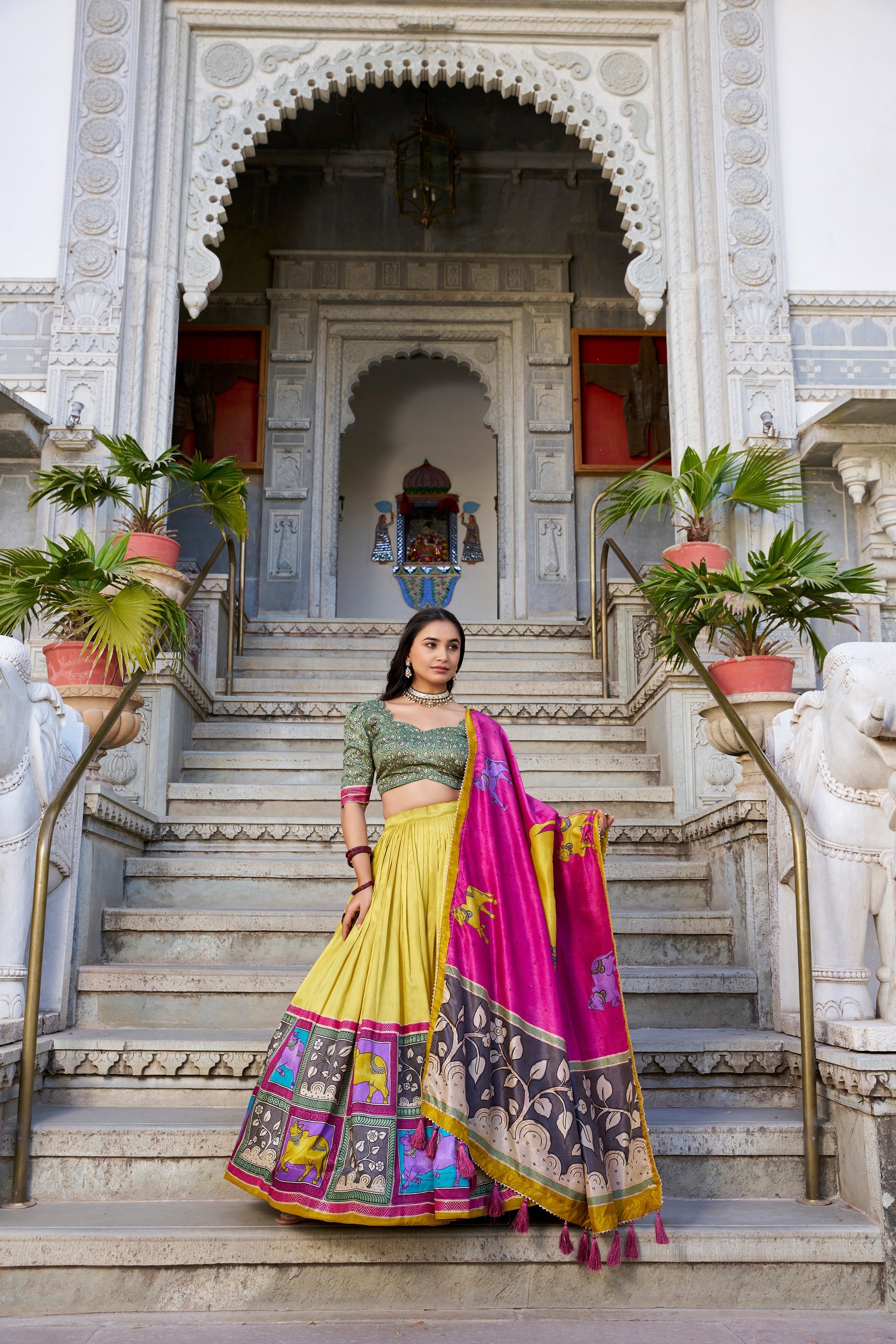 Lorenvalley Mustard Tussar Silk Kalamkari With Foil Work Lehenga Choli with Dupatta