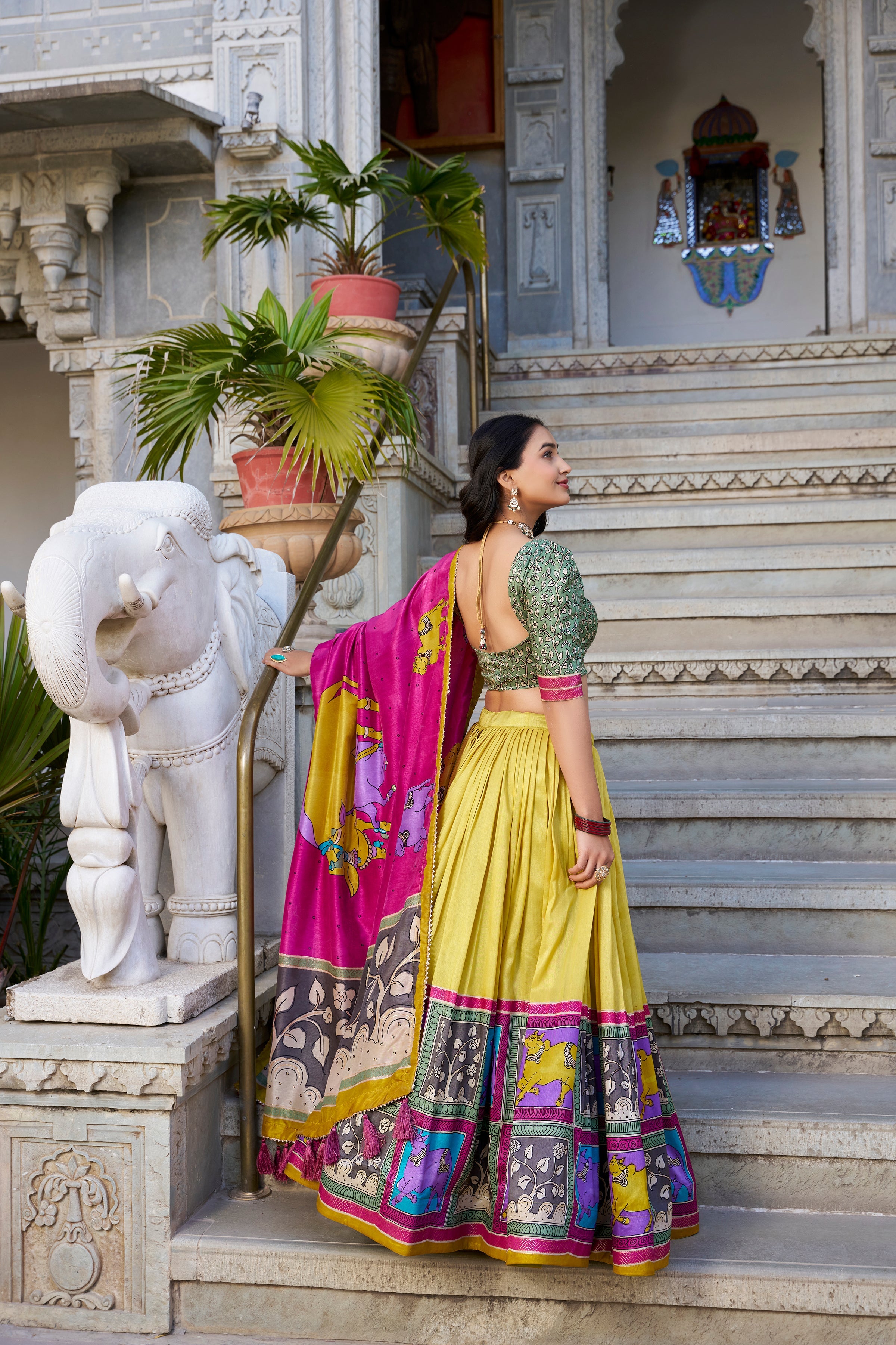 Lorenvalley Mustard Tussar Silk Kalamkari With Foil Work Lehenga Choli with Dupatta