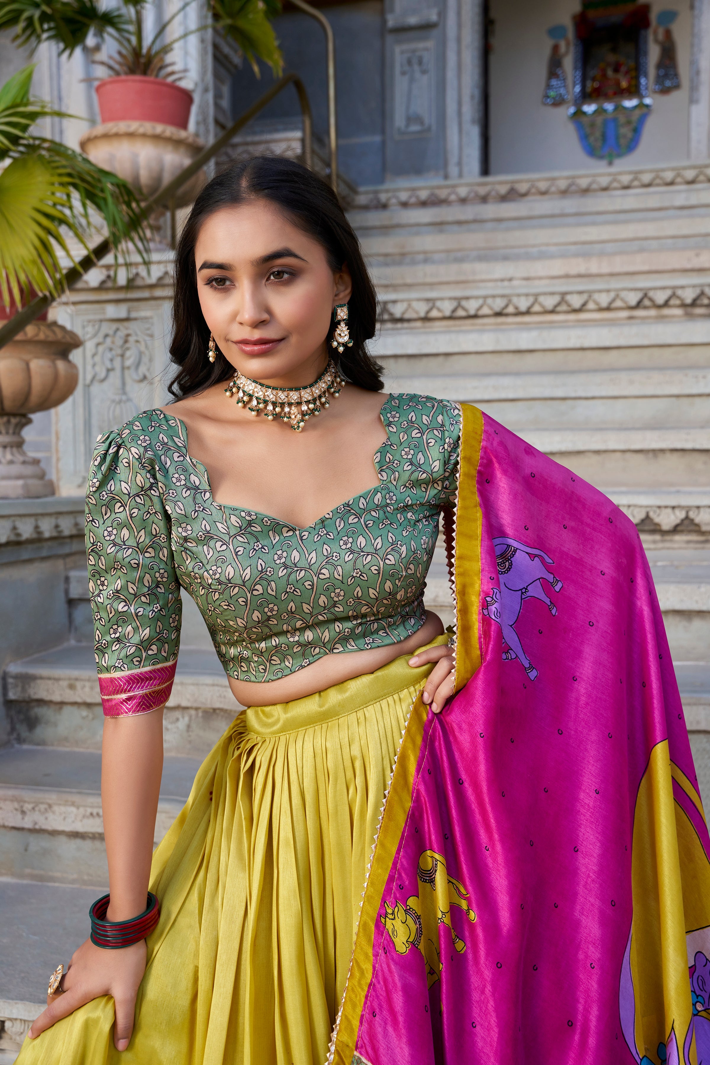 Lorenvalley Mustard Tussar Silk Kalamkari With Foil Work Lehenga Choli with Dupatta
