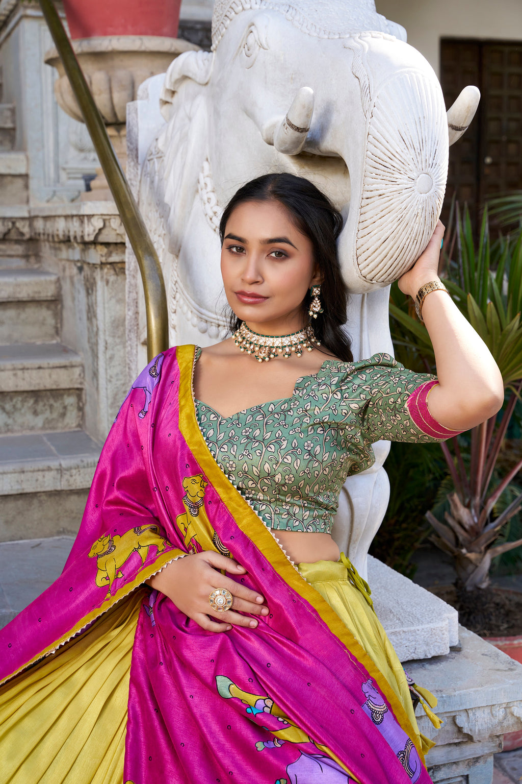 Lorenvalley Mustard Tussar Silk Kalamkari With Foil Work Lehenga Choli with Dupatta