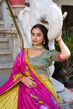 Lorenvalley Mustard Tussar Silk Kalamkari With Foil Work Lehenga Choli with Dupatta