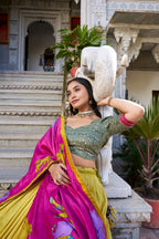 Lorenvalley Mustard Tussar Silk Kalamkari With Foil Work Lehenga Choli with Dupatta