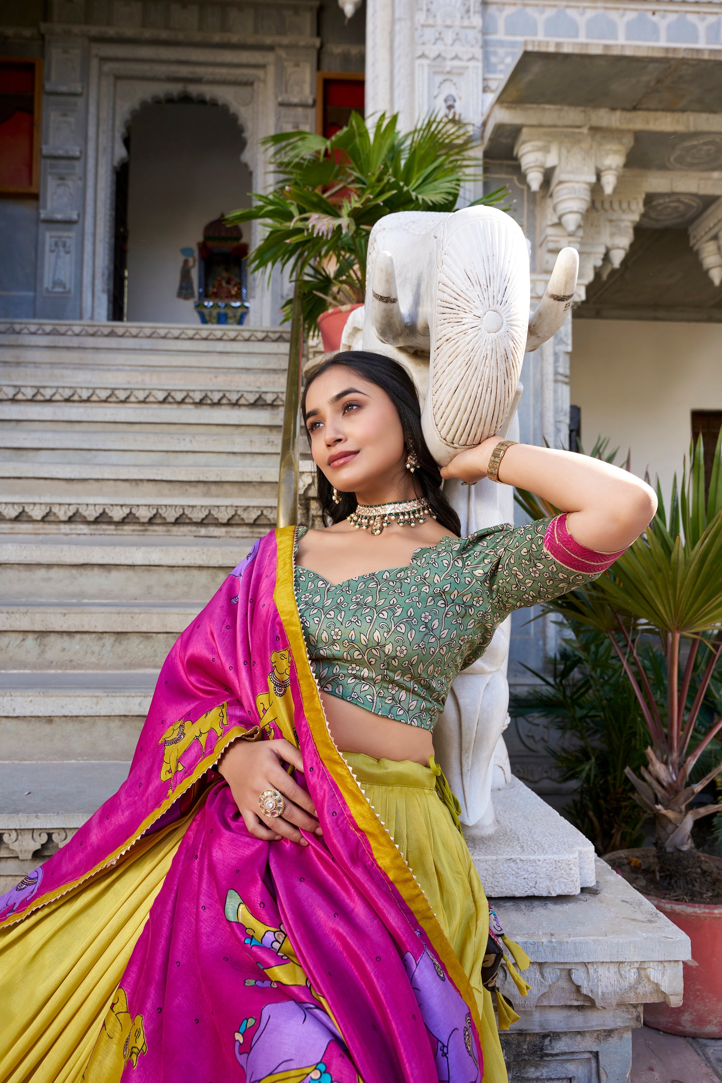 Lorenvalley Mustard Tussar Silk Kalamkari With Foil Work Lehenga Choli with Dupatta