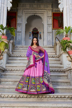 Lorenvalley Peach Tussar Silk Kalamkari With Foil Work Lehenga Choli with Dupatta