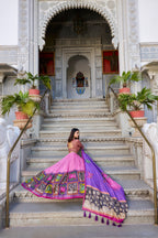 Lorenvalley Peach Tussar Silk Kalamkari With Foil Work Lehenga Choli with Dupatta