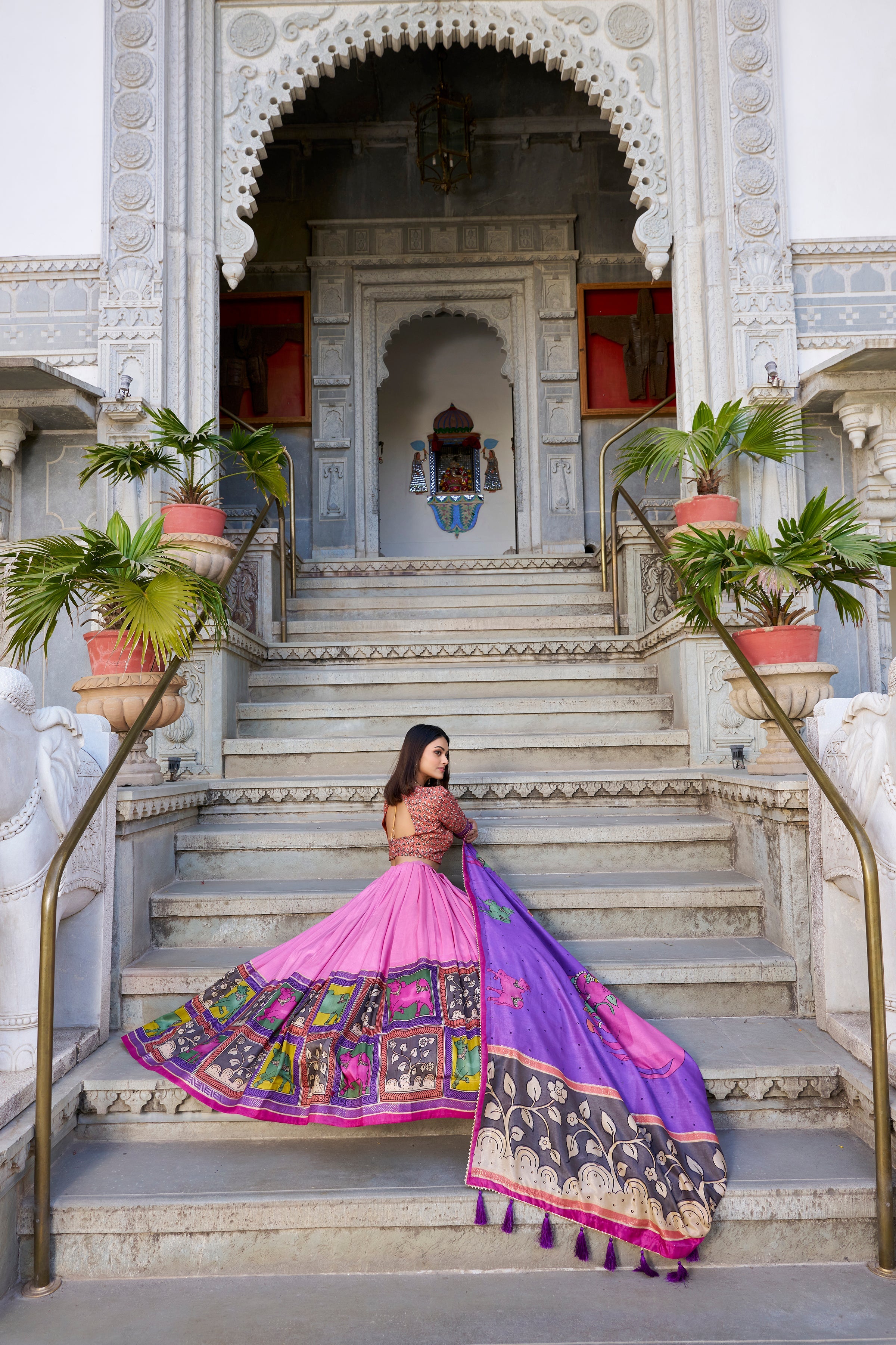 Lorenvalley Peach Tussar Silk Kalamkari With Foil Work Lehenga Choli with Dupatta