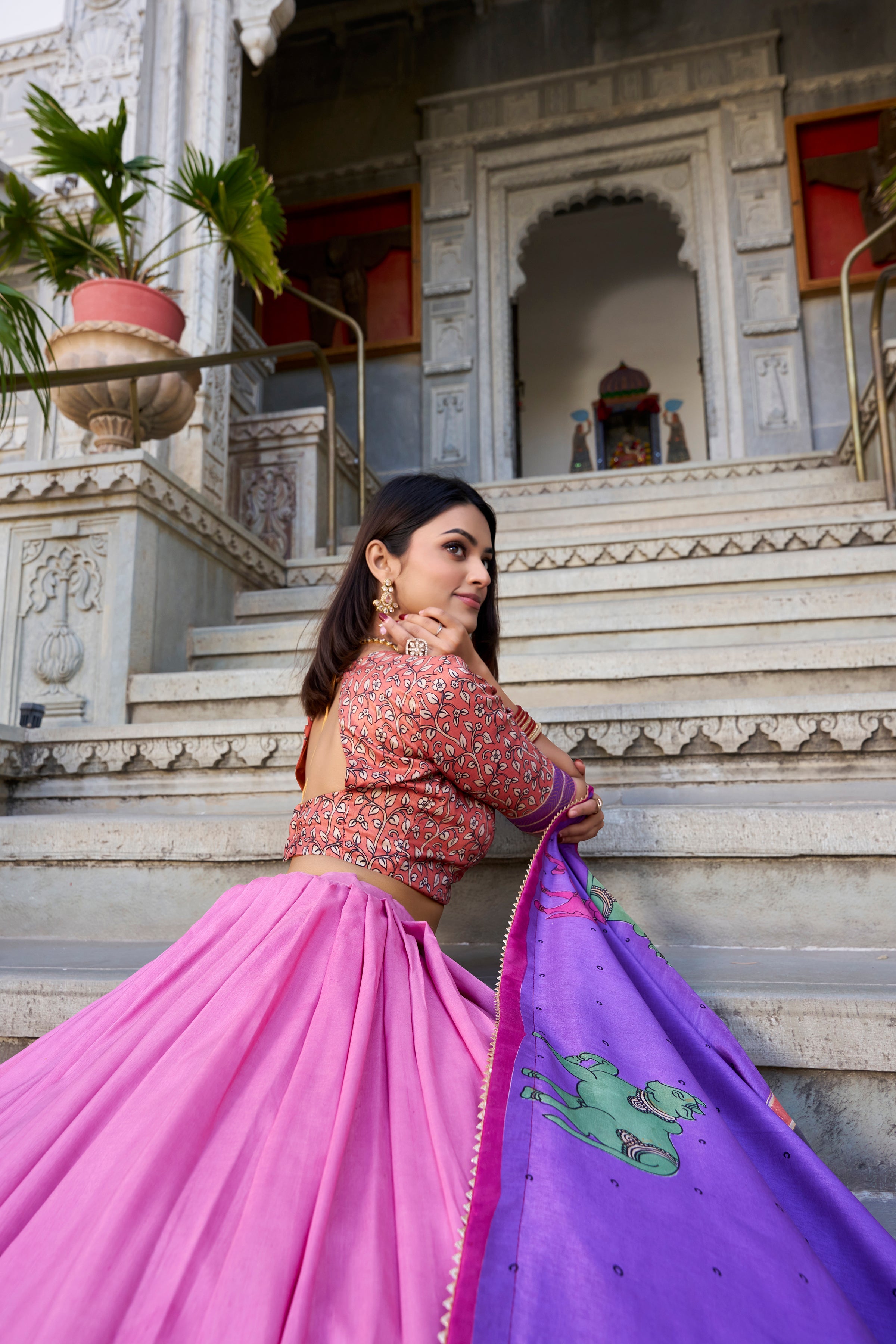 Lorenvalley Peach Tussar Silk Kalamkari With Foil Work Lehenga Choli with Dupatta