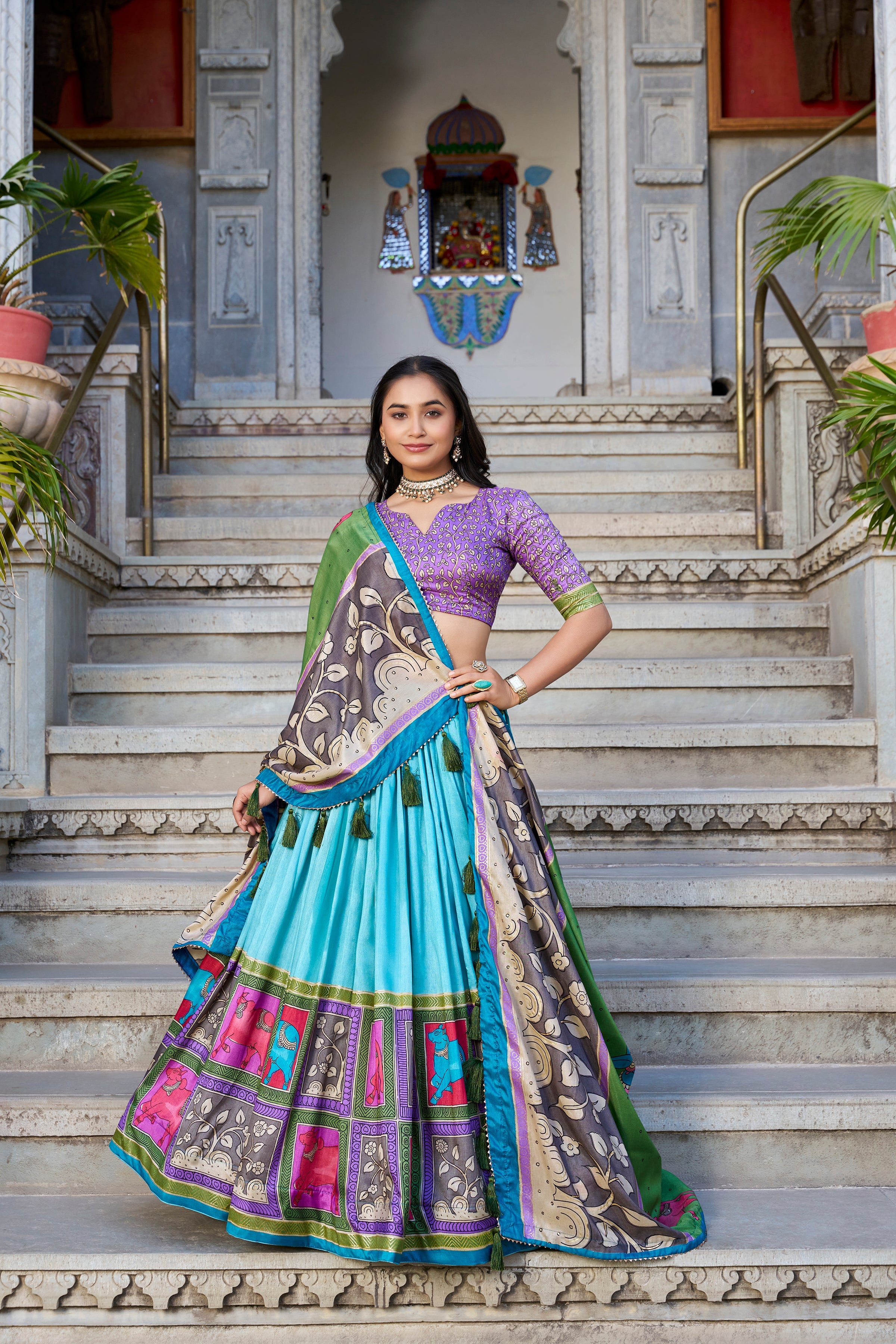 Lorenvalley Seagreen Tussar Silk Kalamkari With Foil Work Lehenga Choli with Dupatta