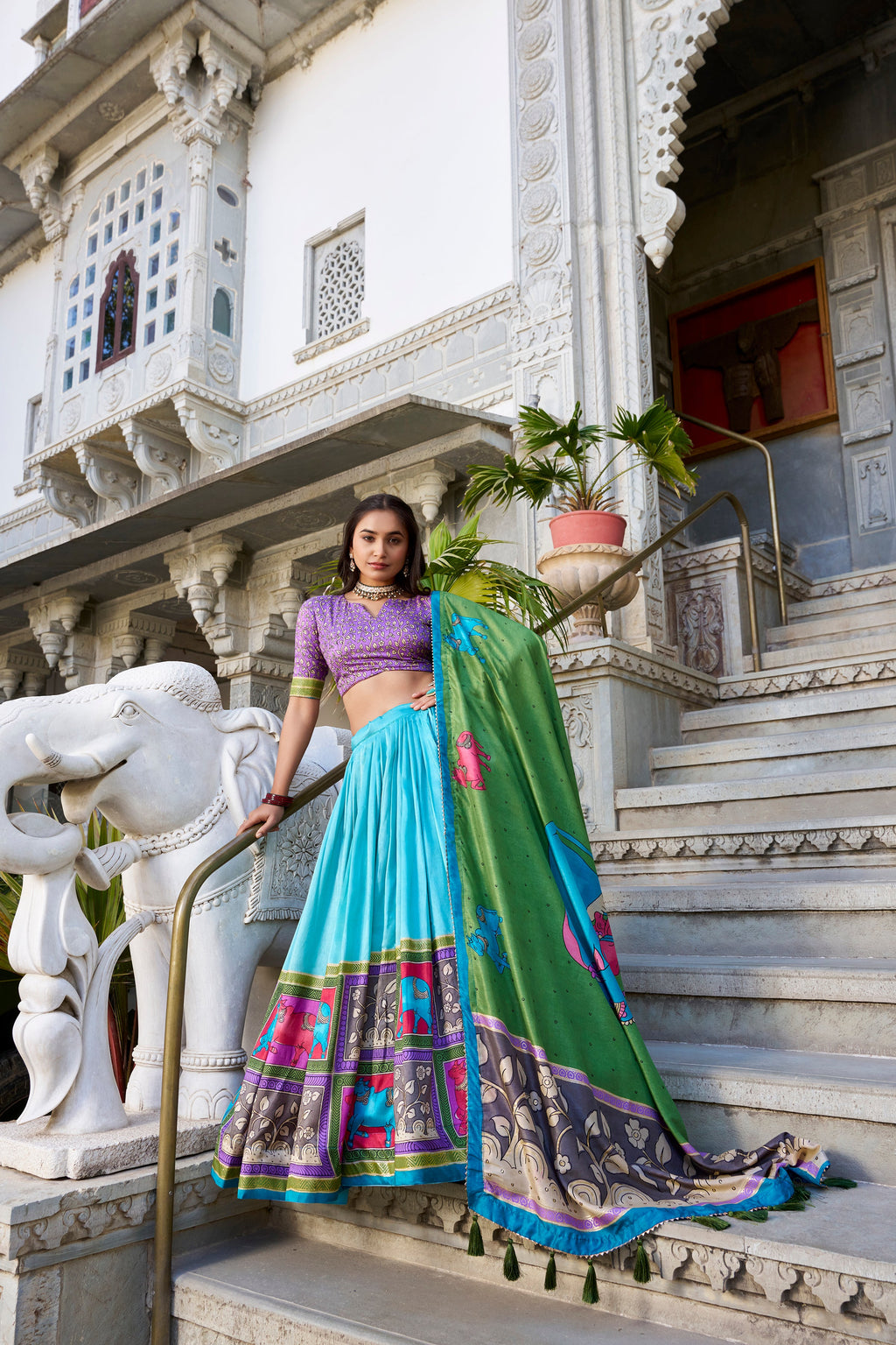 Lorenvalley Seagreen Tussar Silk Kalamkari With Foil Work Lehenga Choli with Dupatta