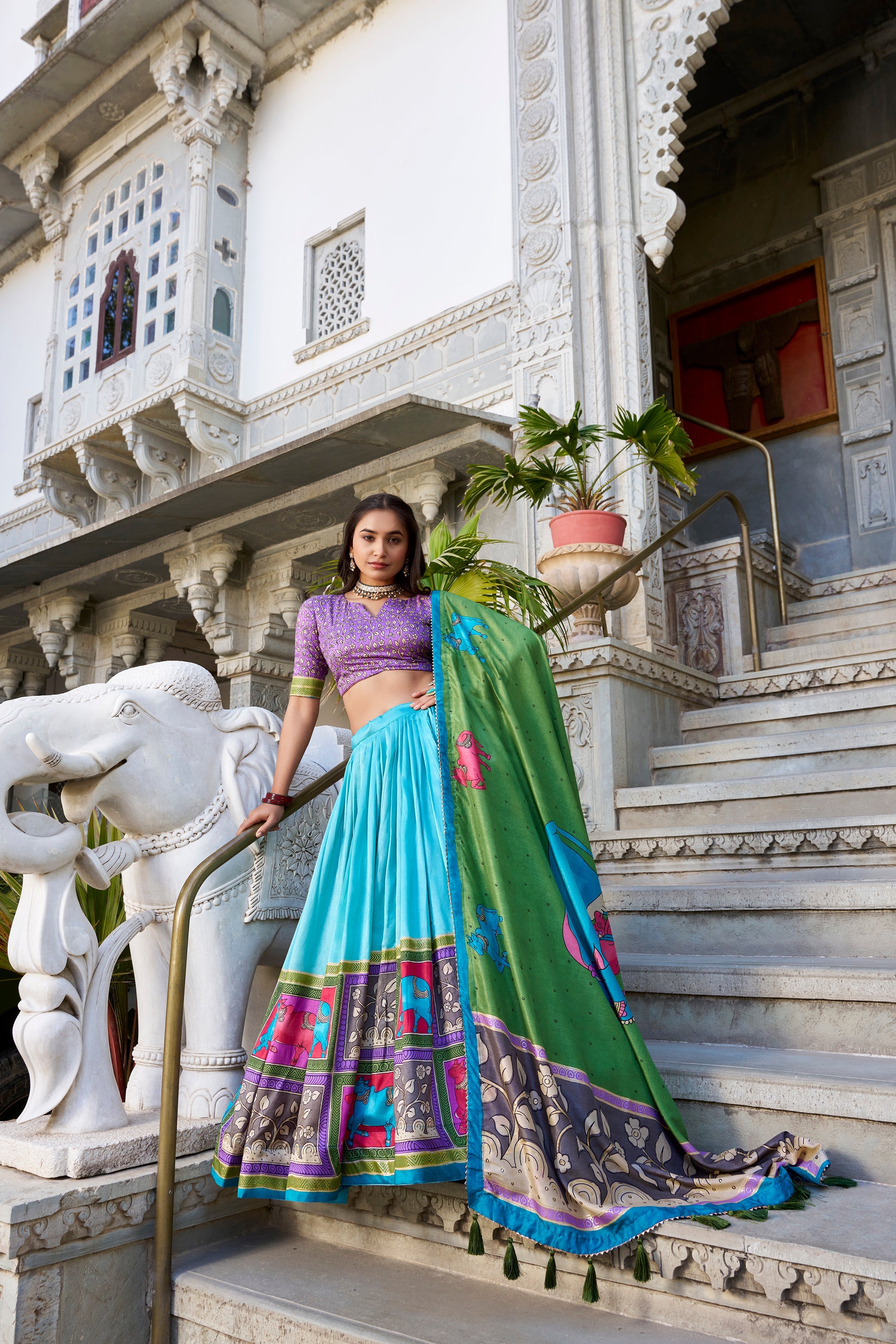 Lorenvalley Seagreen Tussar Silk Kalamkari With Foil Work Lehenga Choli with Dupatta