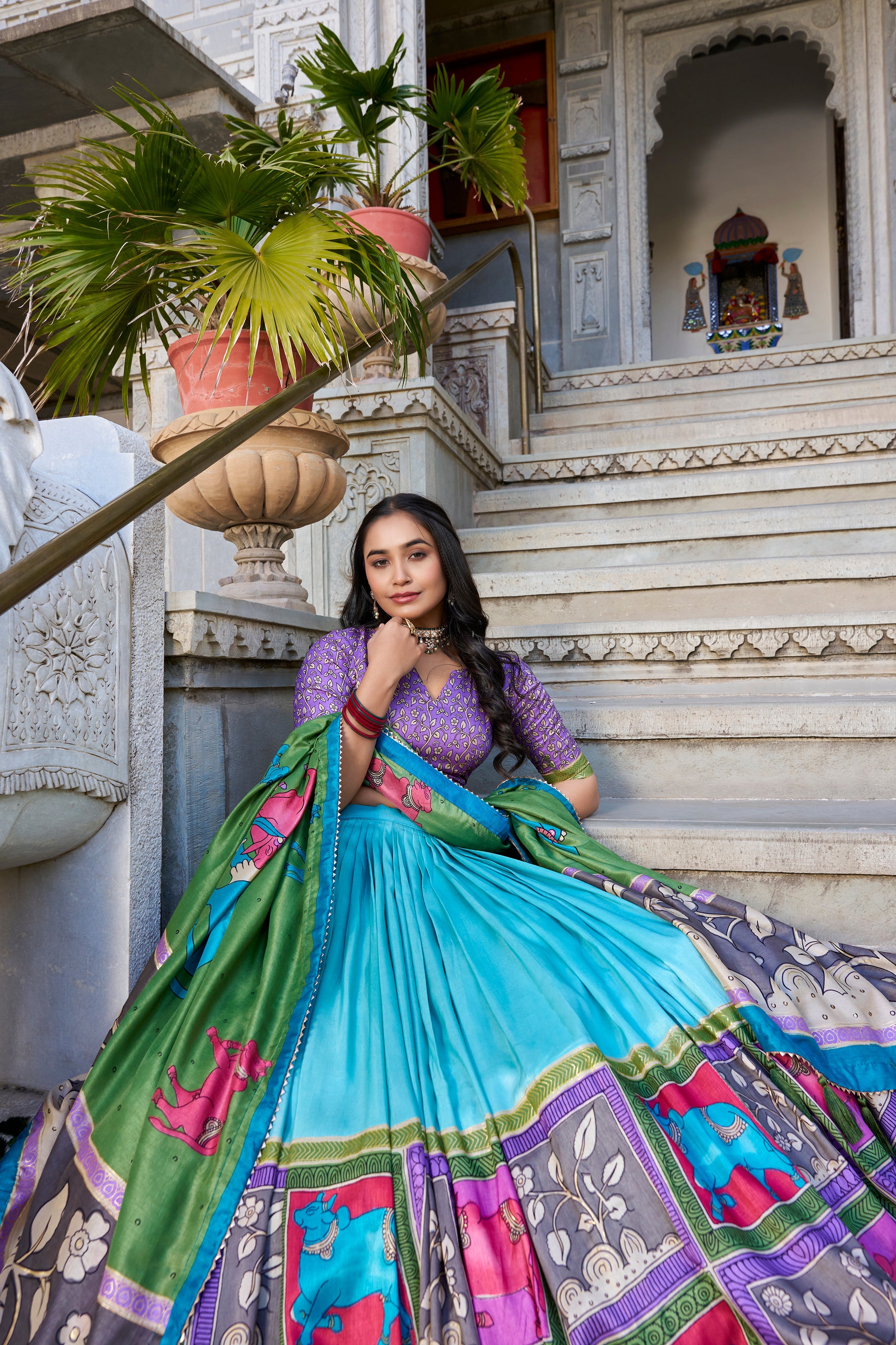 Lorenvalley Seagreen Tussar Silk Kalamkari With Foil Work Lehenga Choli with Dupatta