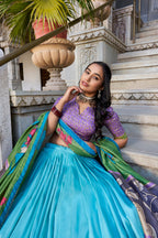 Lorenvalley Seagreen Tussar Silk Kalamkari With Foil Work Lehenga Choli with Dupatta