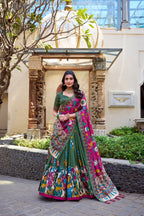 Lorenvalley Mehendi Tussar Silk Kalamkari With Foil Work Lehenga Choli