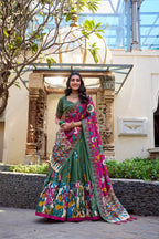Lorenvalley Mehendi Tussar Silk Kalamkari With Foil Work Lehenga Choli