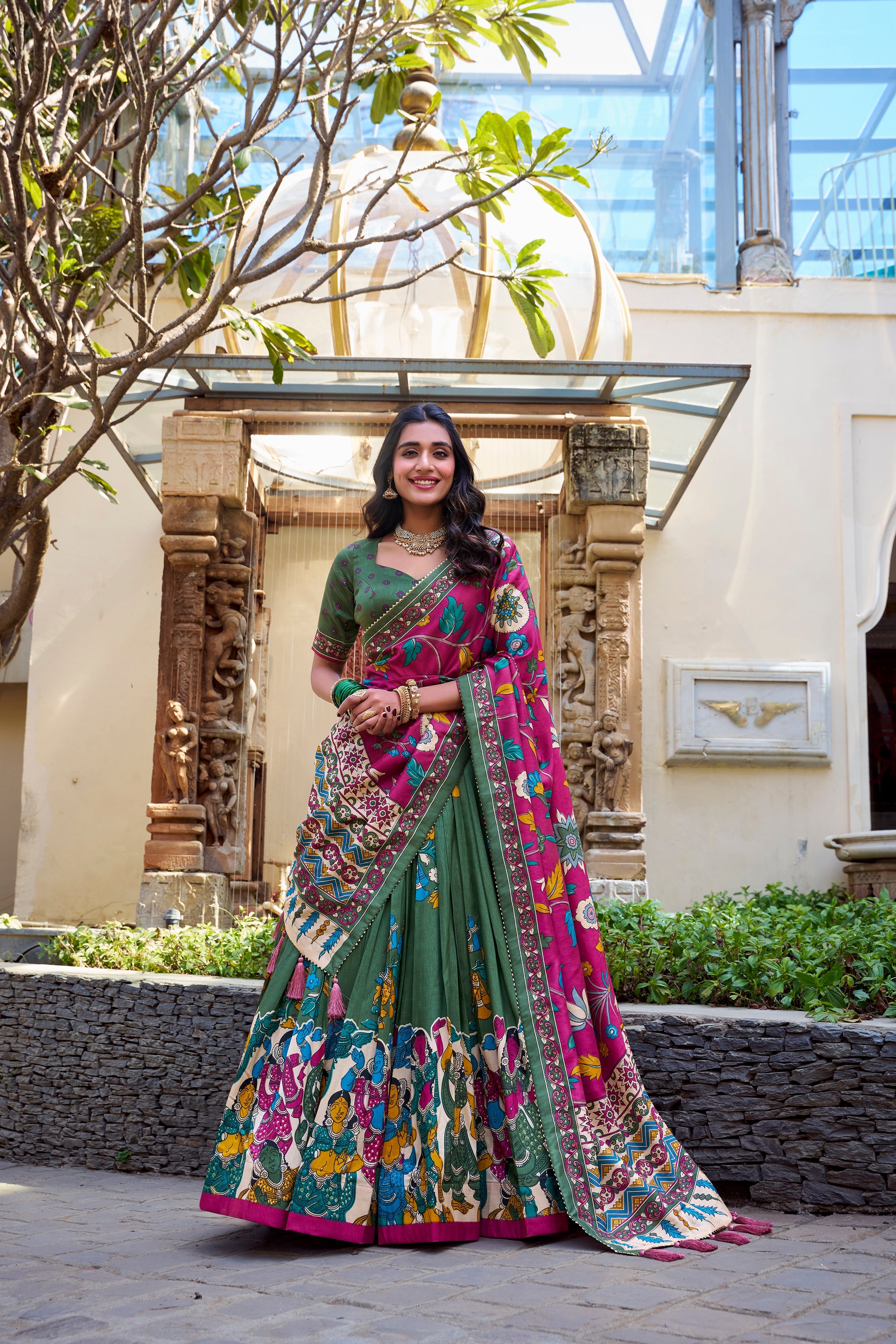 Lorenvalley Mehendi Tussar Silk Kalamkari With Foil Work Lehenga Choli