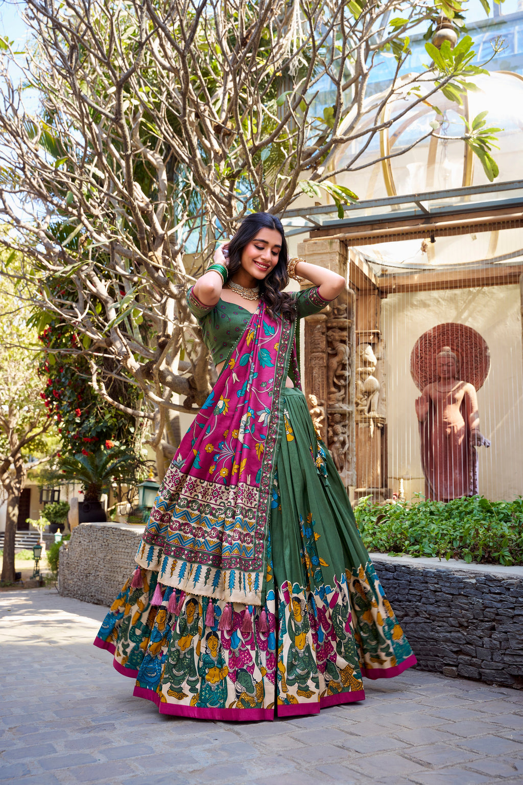 Lorenvalley Mehendi Tussar Silk Kalamkari With Foil Work Lehenga Choli