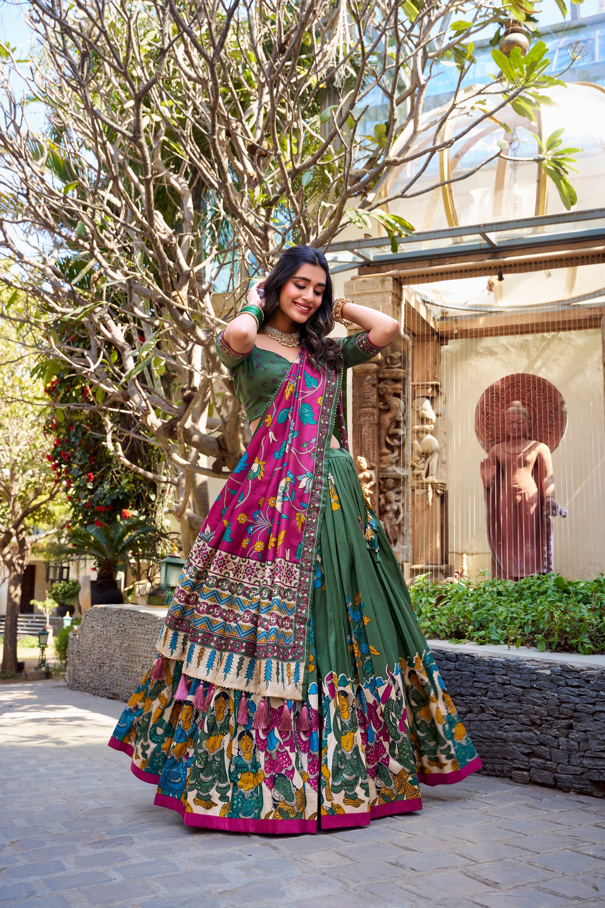 Lorenvalley Mehendi Tussar Silk Kalamkari With Foil Work Lehenga Choli