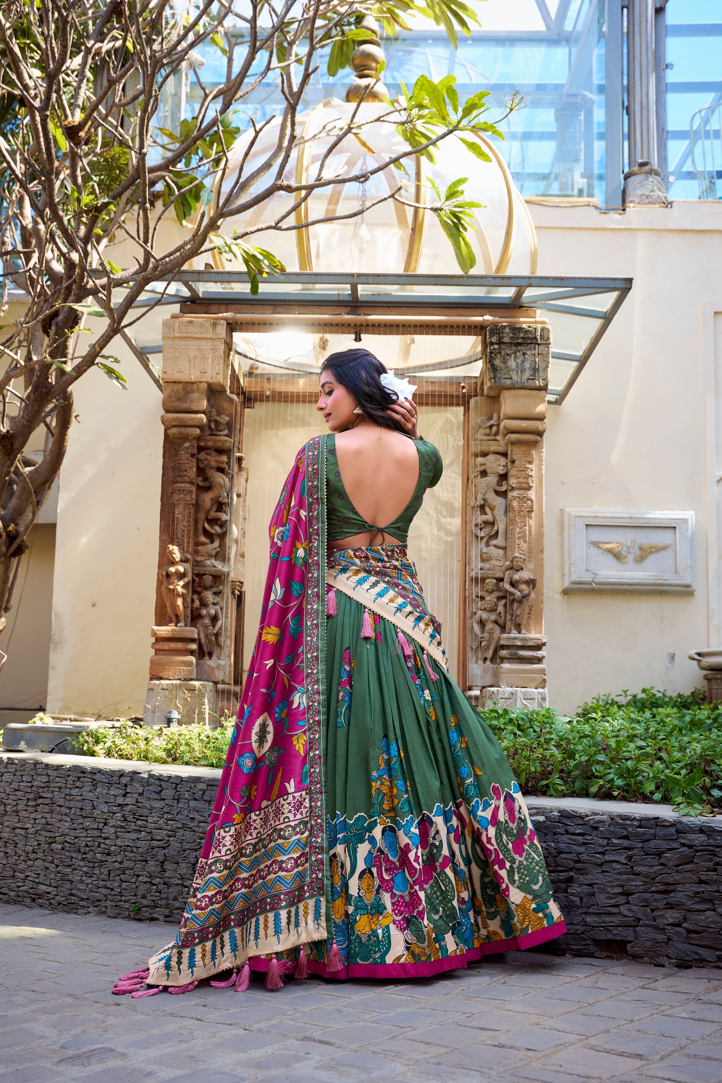 Lorenvalley Mehendi Tussar Silk Kalamkari With Foil Work Lehenga Choli