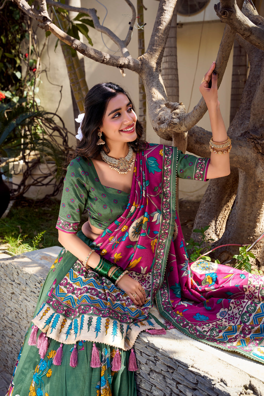 Lorenvalley Mehendi Tussar Silk Kalamkari With Foil Work Lehenga Choli