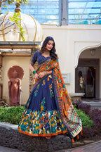 Lorenvalley Blue Tussar Silk Kalamkari With Foil Work Lehenga Choli