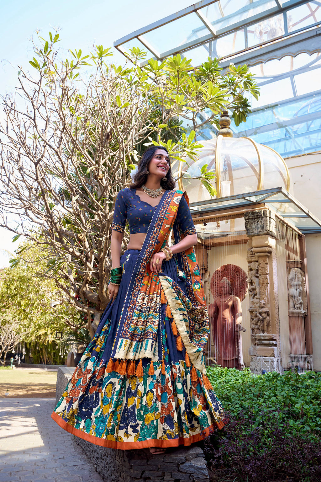 Lorenvalley Blue Tussar Silk Kalamkari With Foil Work Lehenga Choli