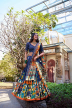 Lorenvalley Blue Tussar Silk Kalamkari With Foil Work Lehenga Choli
