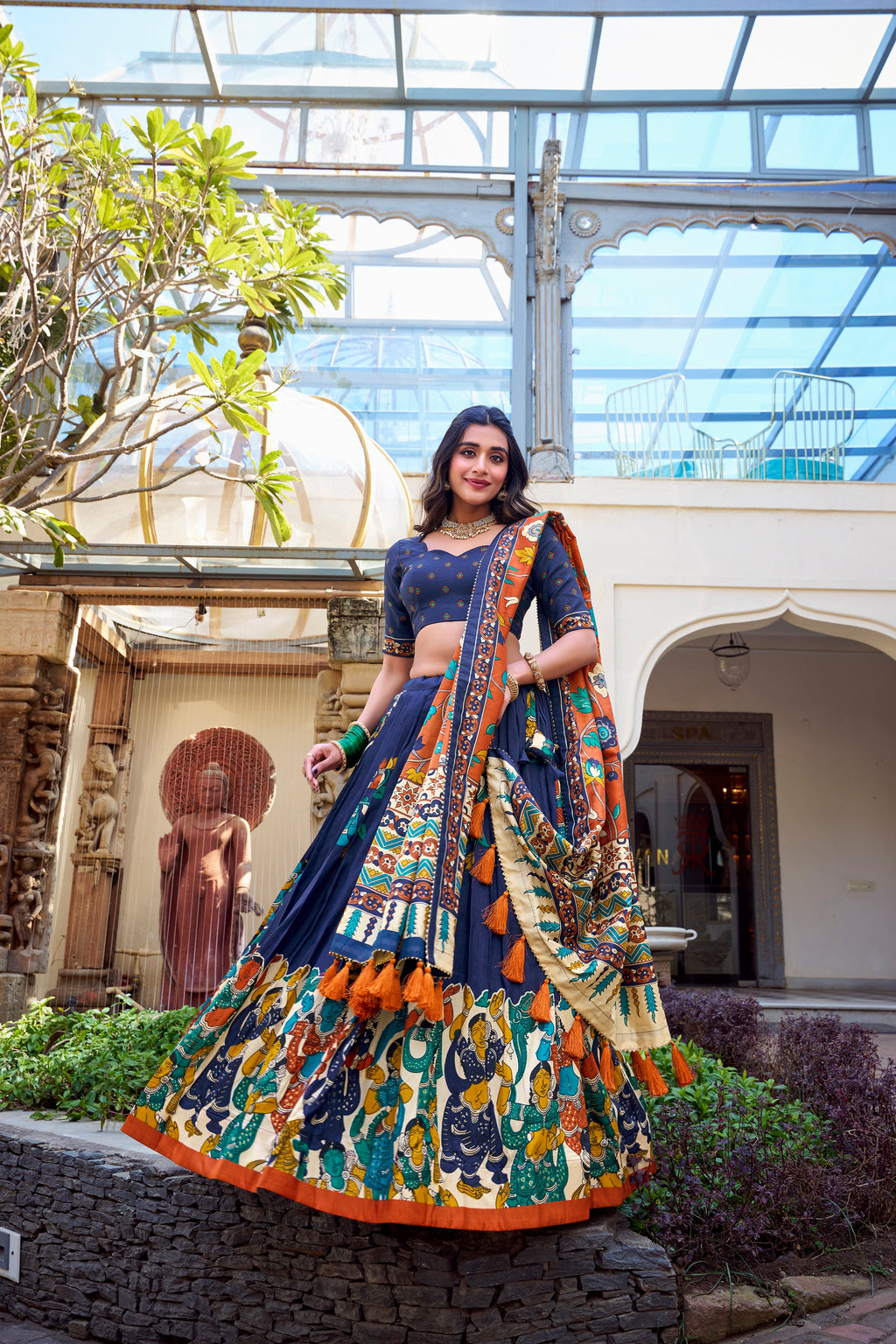 Lorenvalley Blue Tussar Silk Kalamkari With Foil Work Lehenga Choli