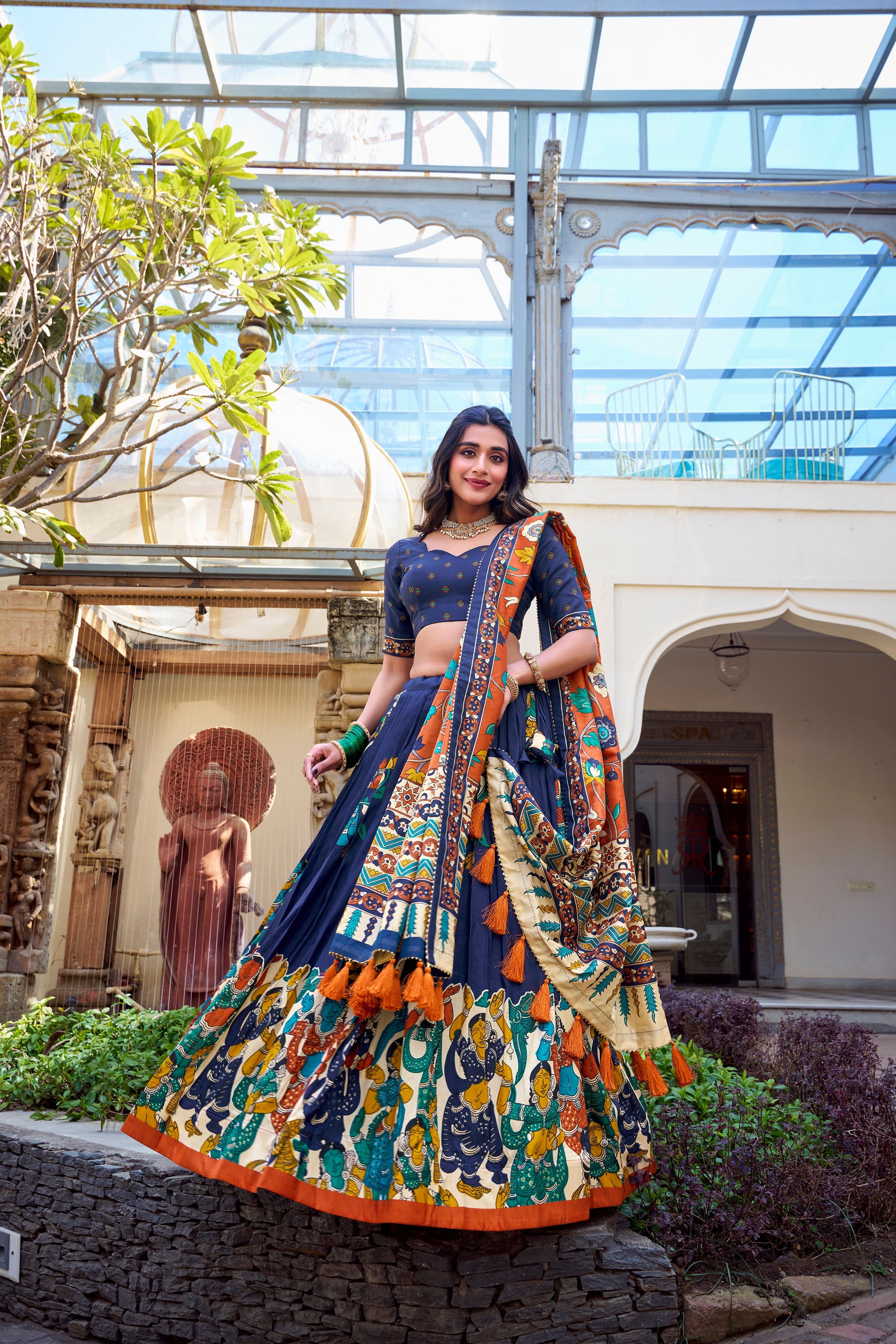 Lorenvalley Blue Tussar Silk Kalamkari With Foil Work Lehenga Choli