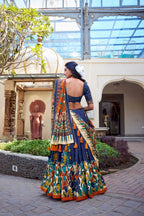 Lorenvalley Blue Tussar Silk Kalamkari With Foil Work Lehenga Choli