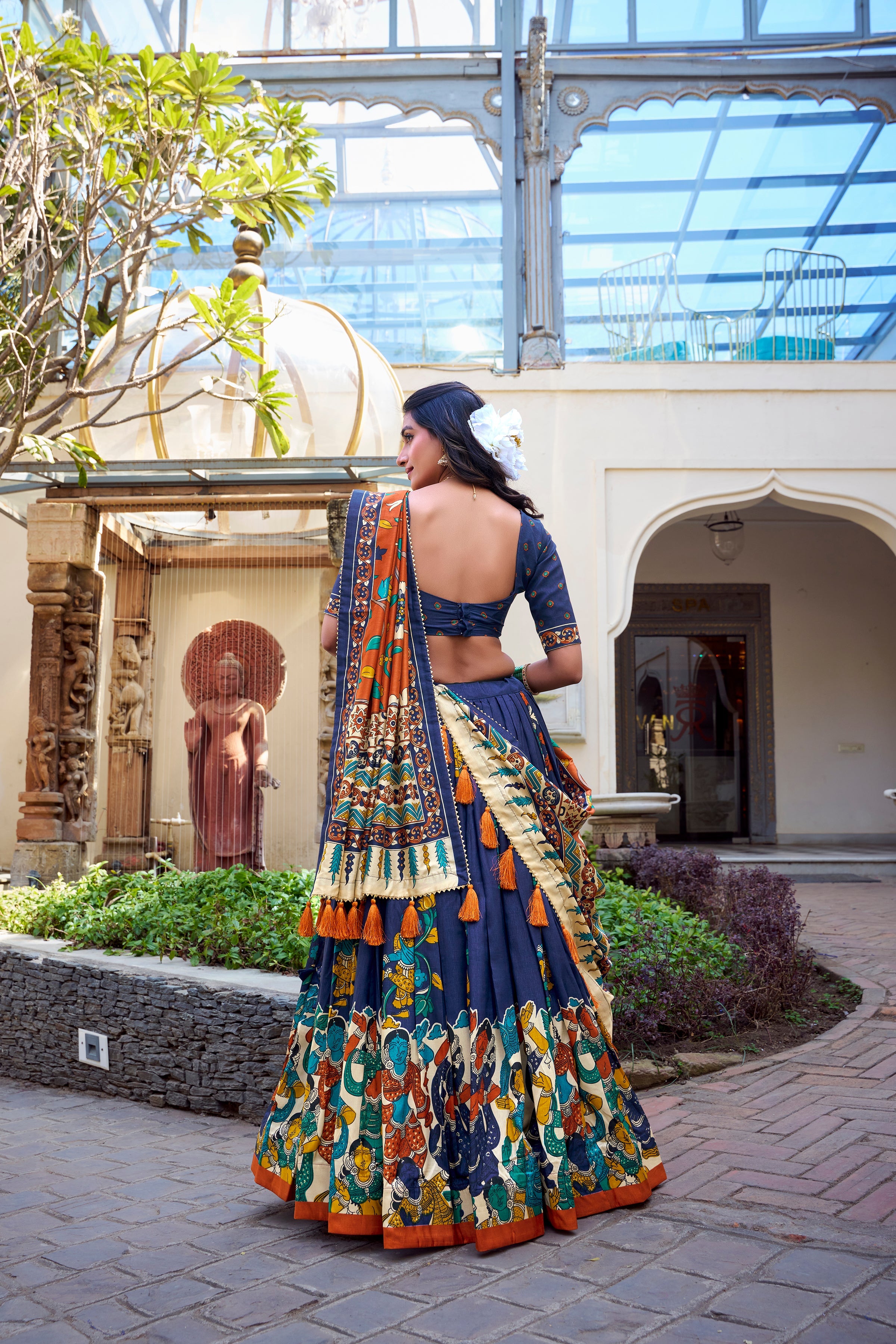Lorenvalley Blue Tussar Silk Kalamkari With Foil Work Lehenga Choli