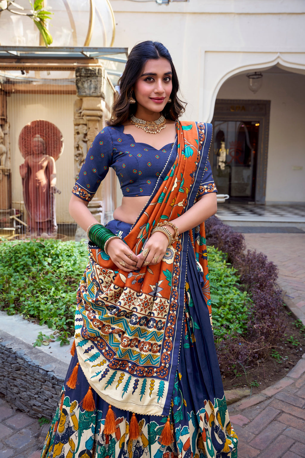 Lorenvalley Blue Tussar Silk Kalamkari With Foil Work Lehenga Choli