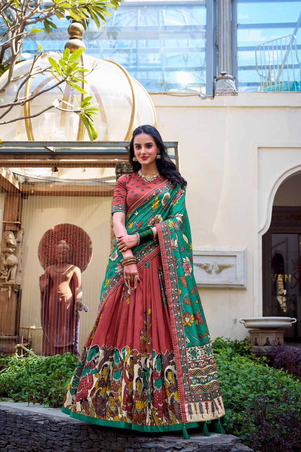 Lorenvalley Rust Tussar Silk Kalamkari With Foil Work Lehenga Choli
