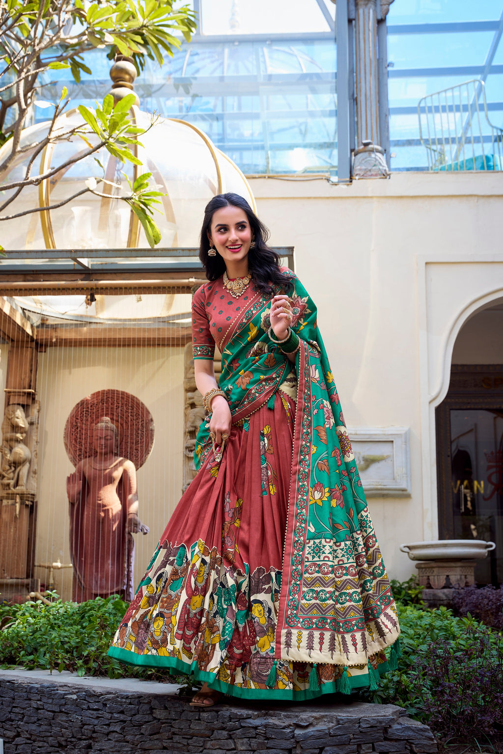 Lorenvalley Rust Tussar Silk Kalamkari With Foil Work Lehenga Choli