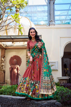 Lorenvalley Rust Tussar Silk Kalamkari With Foil Work Lehenga Choli