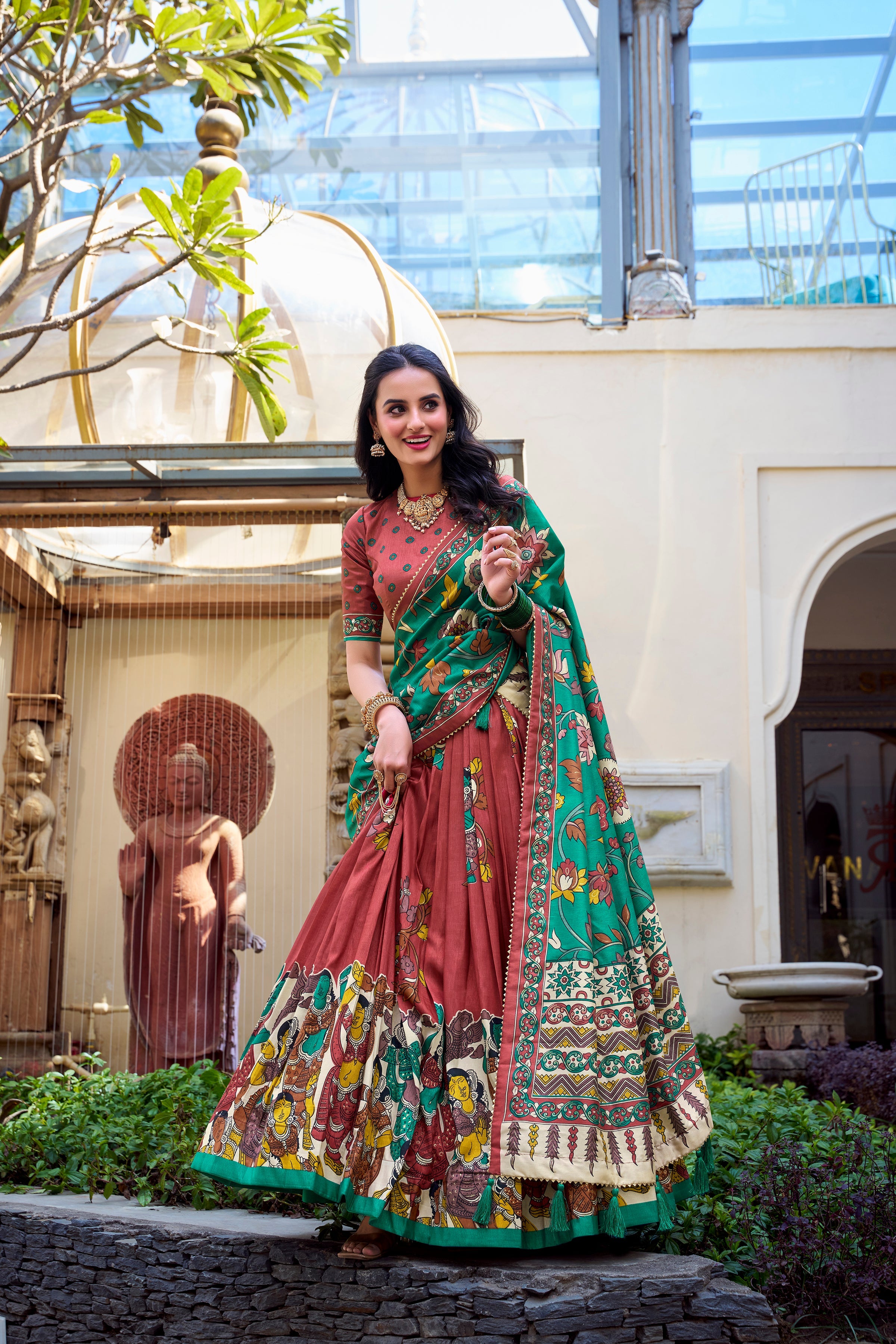 Lorenvalley Rust Tussar Silk Kalamkari With Foil Work Lehenga Choli