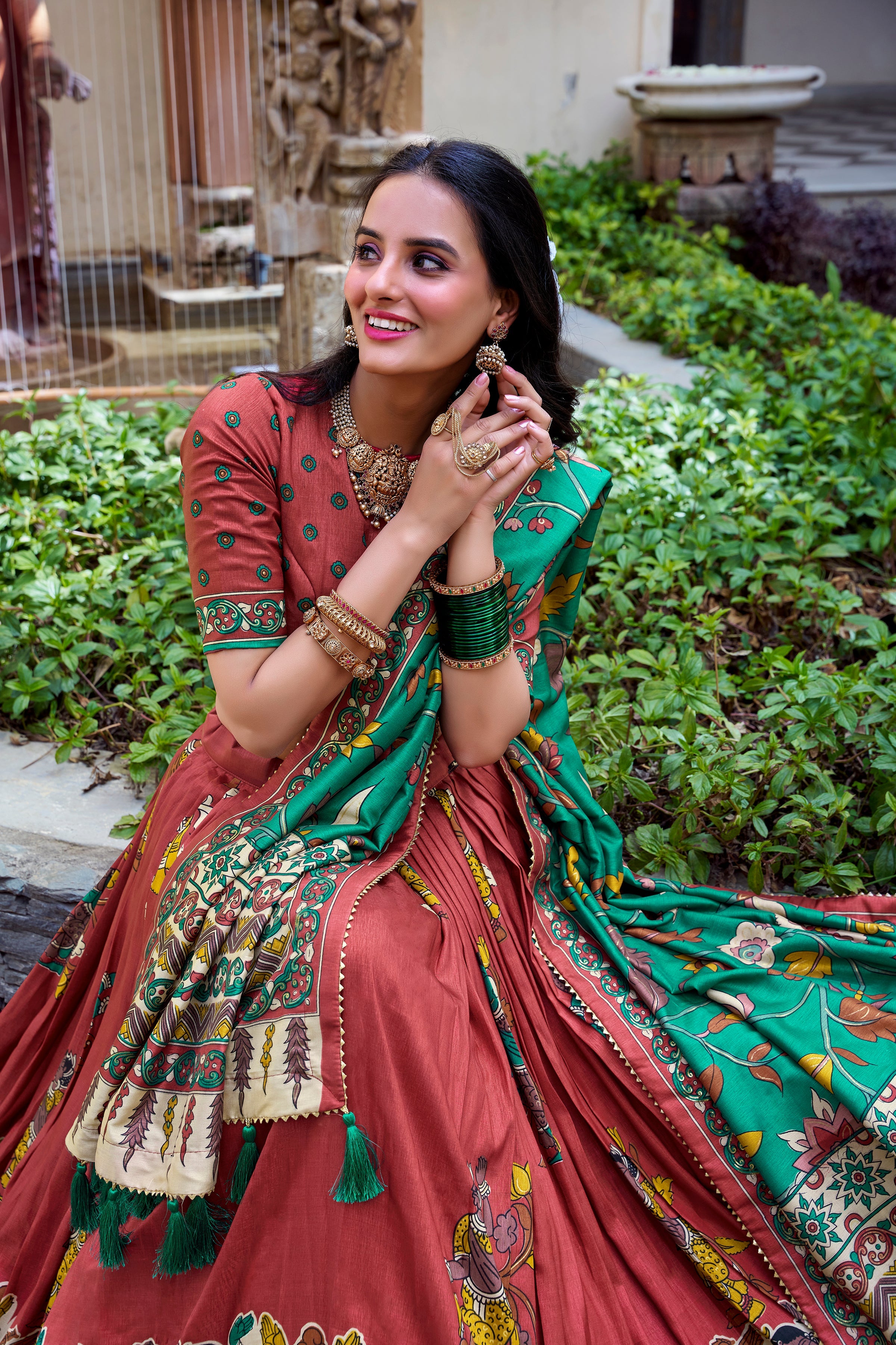 Lorenvalley Rust Tussar Silk Kalamkari With Foil Work Lehenga Choli