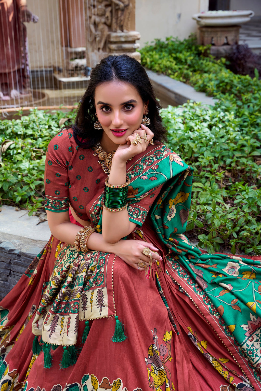Lorenvalley Rust Tussar Silk Kalamkari With Foil Work Lehenga Choli