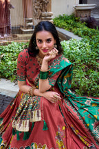 Lorenvalley Rust Tussar Silk Kalamkari With Foil Work Lehenga Choli