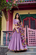 Lorenvalley Lavender Vichitra Silk Sequins and Thread Embroidery Work with Kalamkari Print Border Lehenga Choli with Dupatta