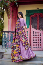 Lorenvalley Lavender Vichitra Silk Sequins and Thread Embroidery Work with Kalamkari Print Border Lehenga Choli with Dupatta