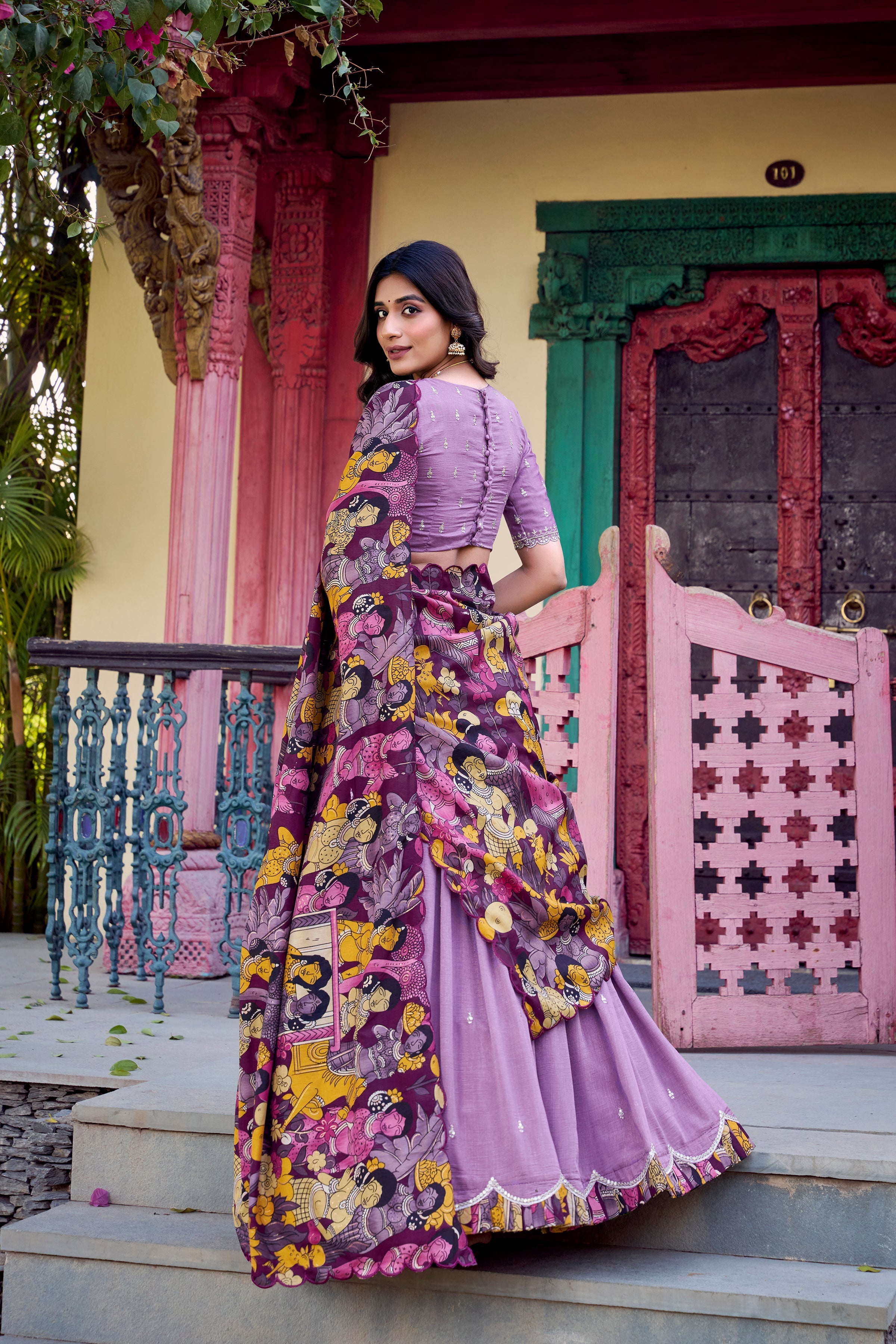Lorenvalley Lavender Vichitra Silk Sequins and Thread Embroidery Work with Kalamkari Print Border Lehenga Choli with Dupatta