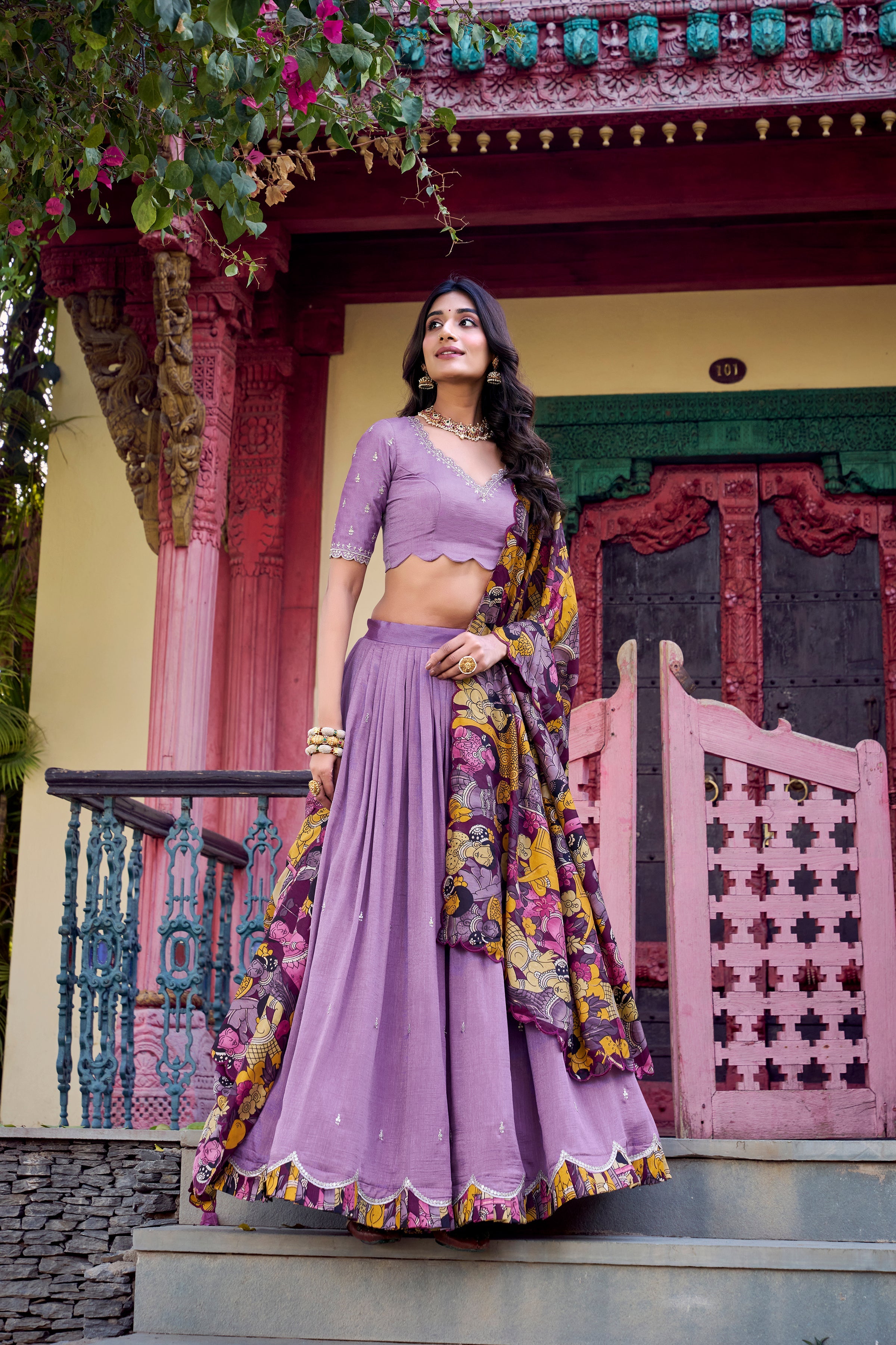 Lorenvalley Lavender Vichitra Silk Sequins and Thread Embroidery Work with Kalamkari Print Border Lehenga Choli with Dupatta