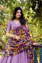 Lorenvalley Lavender Vichitra Silk Sequins and Thread Embroidery Work with Kalamkari Print Border Lehenga Choli with Dupatta