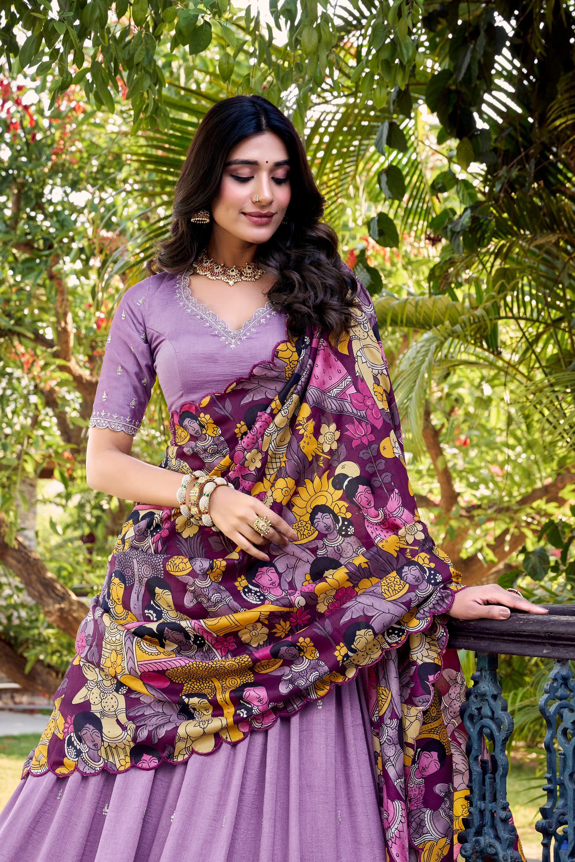 Lorenvalley Lavender Vichitra Silk Sequins and Thread Embroidery Work with Kalamkari Print Border Lehenga Choli with Dupatta