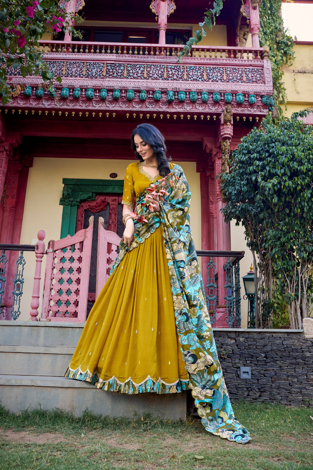 Lorenvalley Mustard Vichitra Silk Sequins and Thread Embroidery Work with Kalamkari Print Border Lehenga Choli with Dupatta